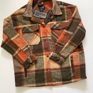 Stoosh Women's Plaid Utility Jacket - Orange, Brown, Green